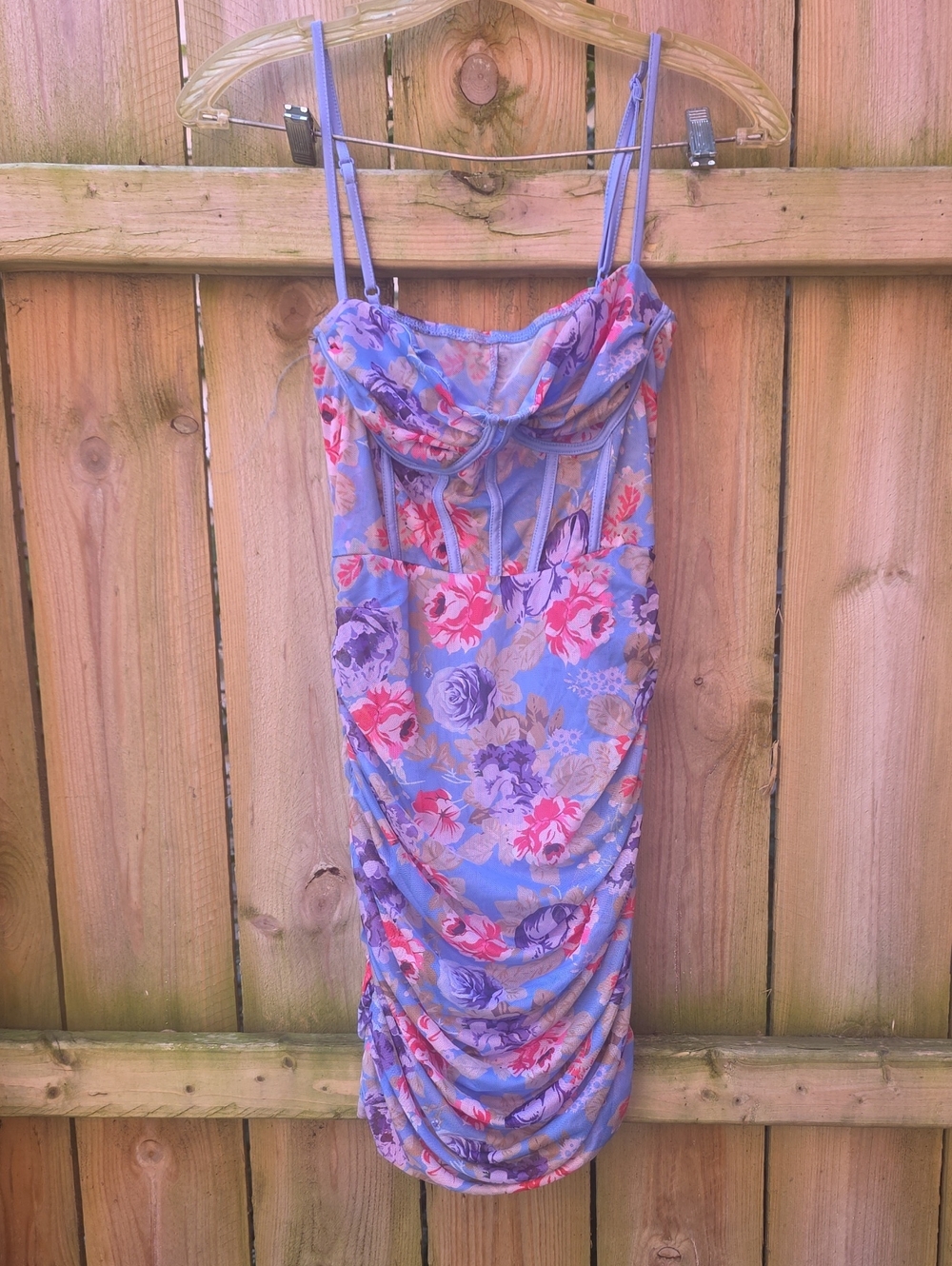 SHEIN Blue Floral Ruched Spaghetti-Strap Mini Dress